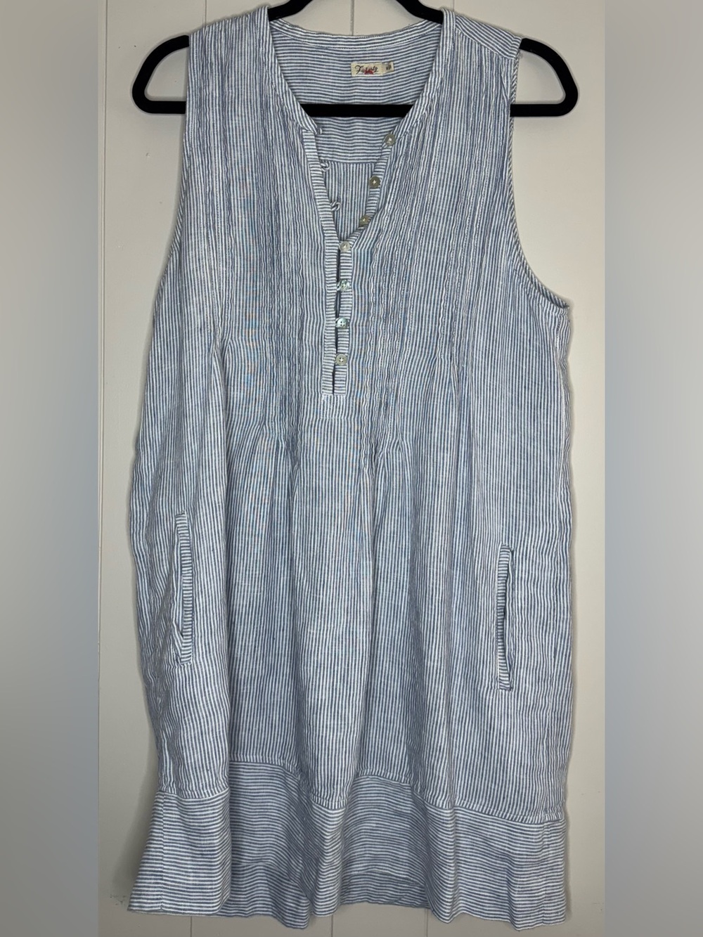 Faherty Isha 100% Linen Pintuck Shift Dress With Pockets Womens Medium - Picture 2 of 13
